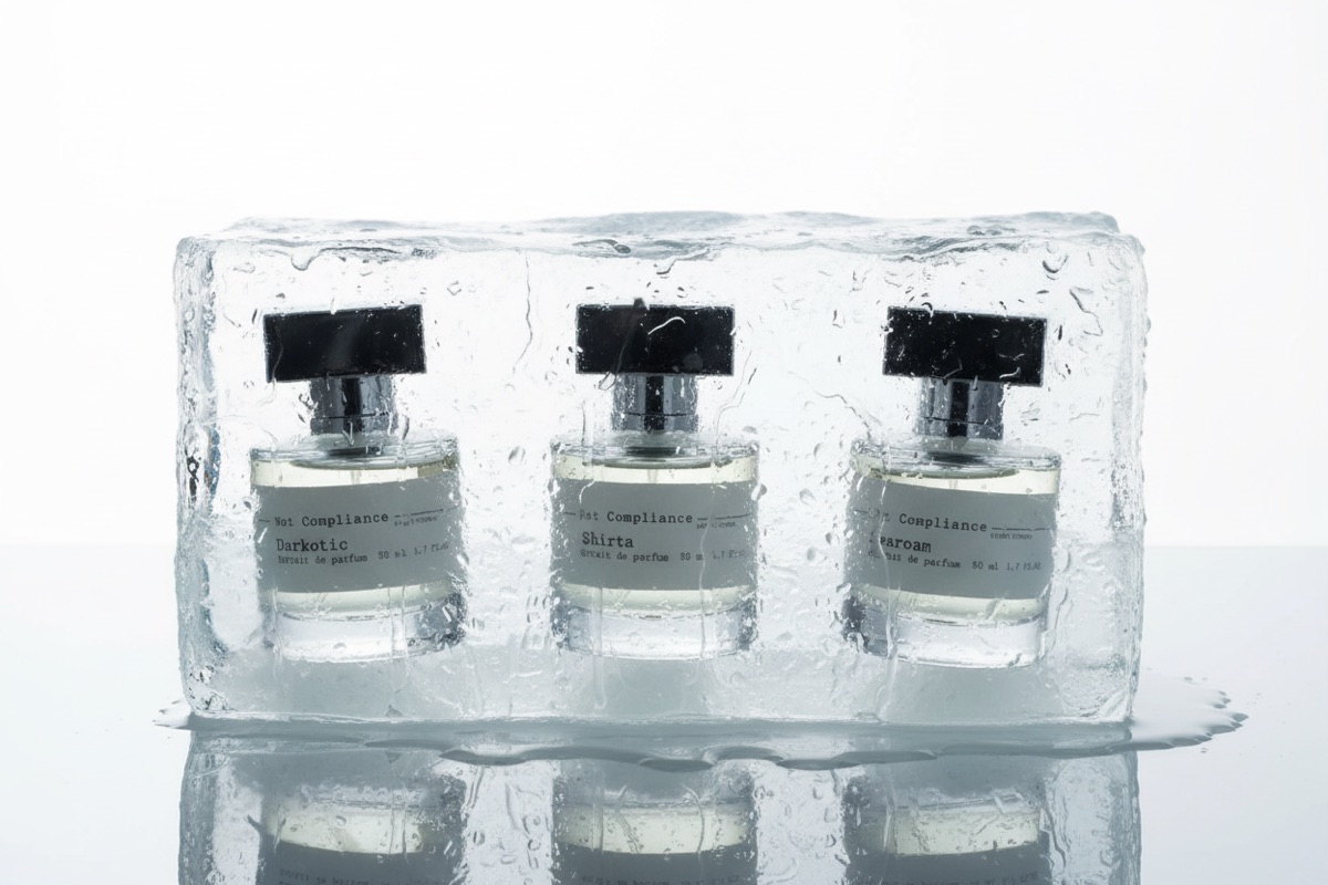 Tre extrait de parfum Not Compliance in un blocco di ghiaccio